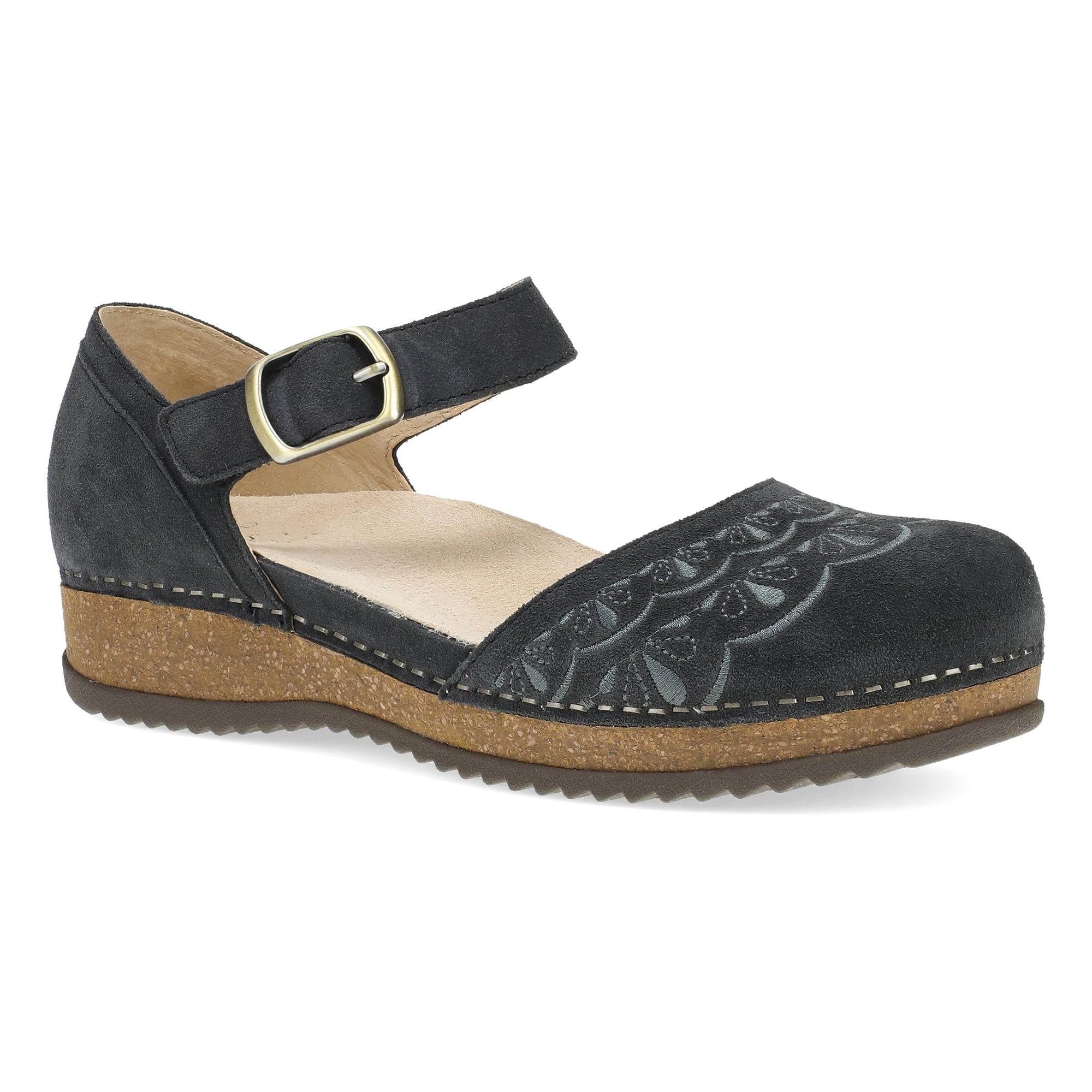 Dansko Mae: Charcoal Embroidered Suede Mary Jane