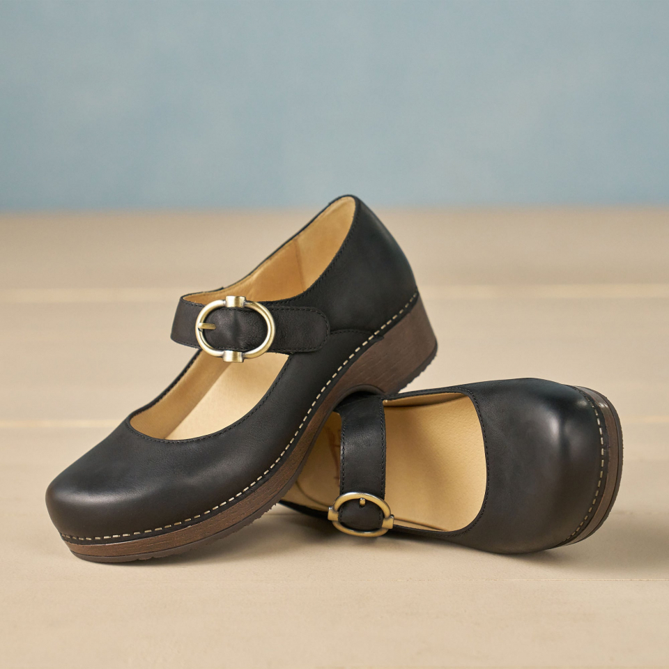 Dansko Bonny Mary Jane: Black Leather Clog, 9444027800