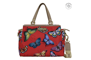 Anuschka Fabric with Leather Trim Multi Compartment Satchel: Butterfly Heaven Ruby