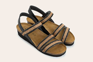 Naot Kayla:  Jet Black Leather / Black / Brown Raffia