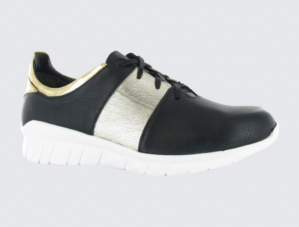 Naot Buzz: Soft Black Lthr/Radiant Gold Lthr/Soft Black Lthr/Gold Lthr