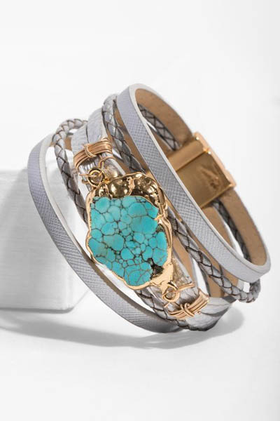 Braided Turquoise Leather Bracelet - Grey