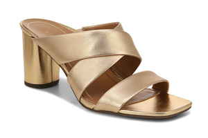 Vionic Merlot Heeled Sandal: Gold Leather